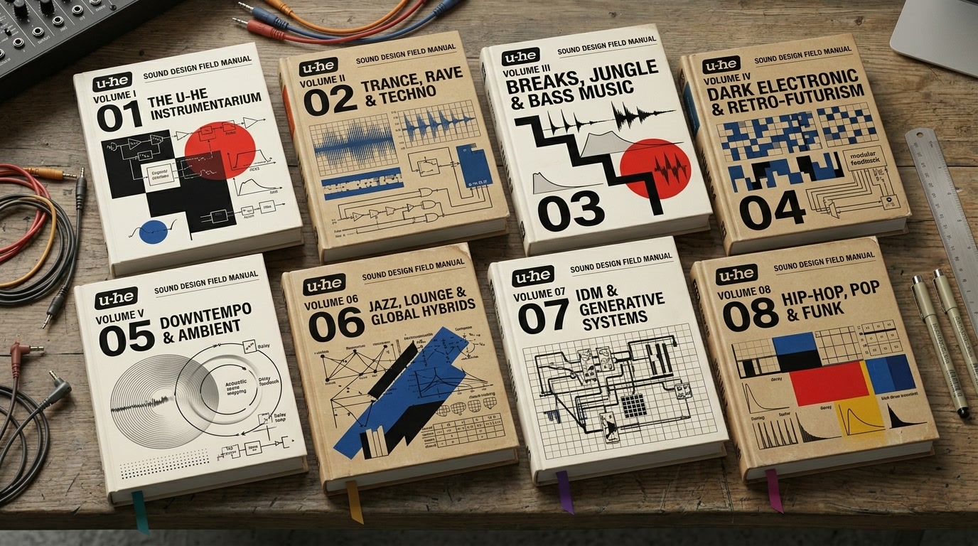 Design comp showing the complete eight-volume physical u-he Sound Design Atlas set on a workbench.